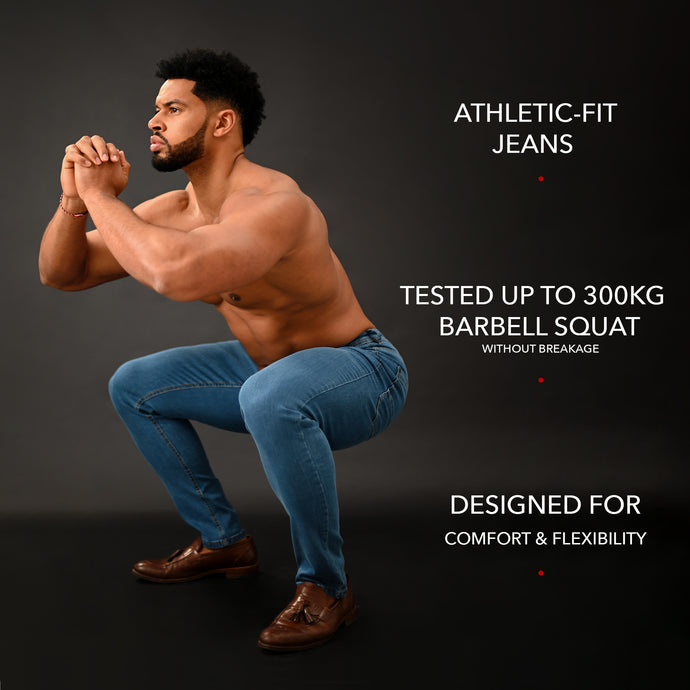 ATHLETIC FIT JEANS BODYBUILDER squatting IN JEANS