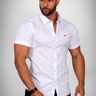 White short sleeve muscle fit shirt on an athletically built model, showcasing the athletic fit design that enhances physique, with stretch fabric for comfort and mobility