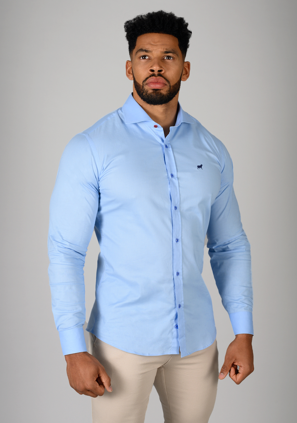Light Blue muscle fit shirt on an athletically built model, showcasing the athletic fit design that enhances physique, with stretch fabric for comfort and mobility