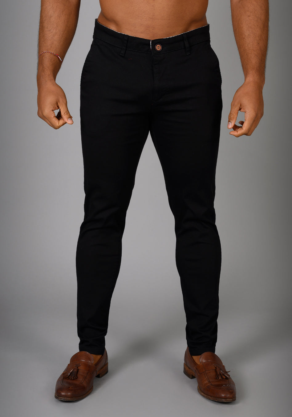 Oxcloth Black Muscle fit chinos offering a perfect blend of comfort and style for well-built physiques, with a contoured waist and athletic fit design for an on-trend appearance.