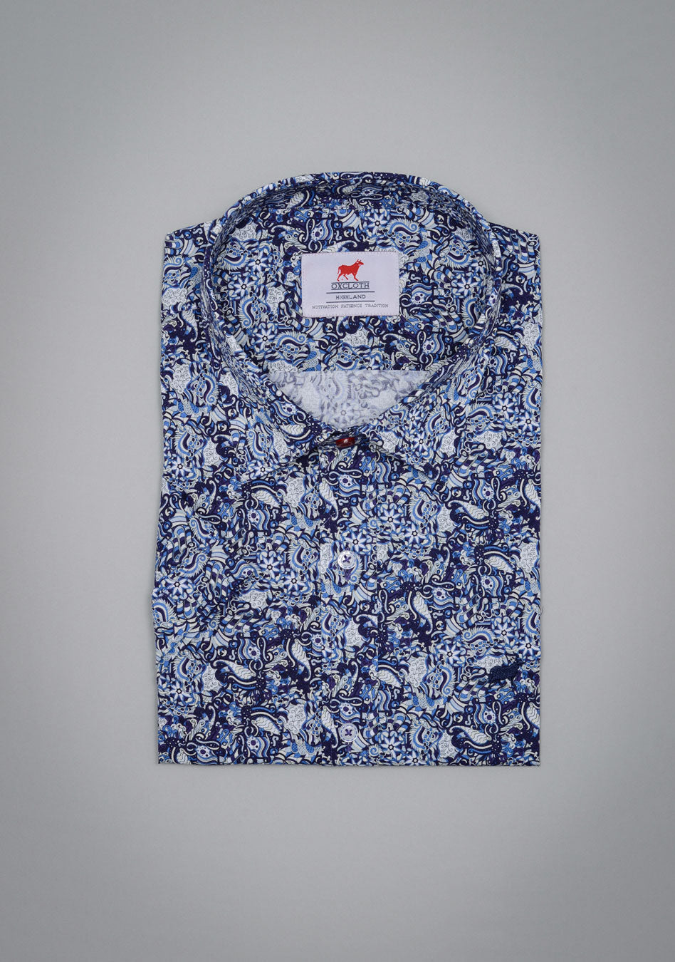 Navy Blue Floral muscle fit shirt on an athletically built model, showcasing the athletic fit design that enhances physique, with stretch fabric for comfort and mobility
