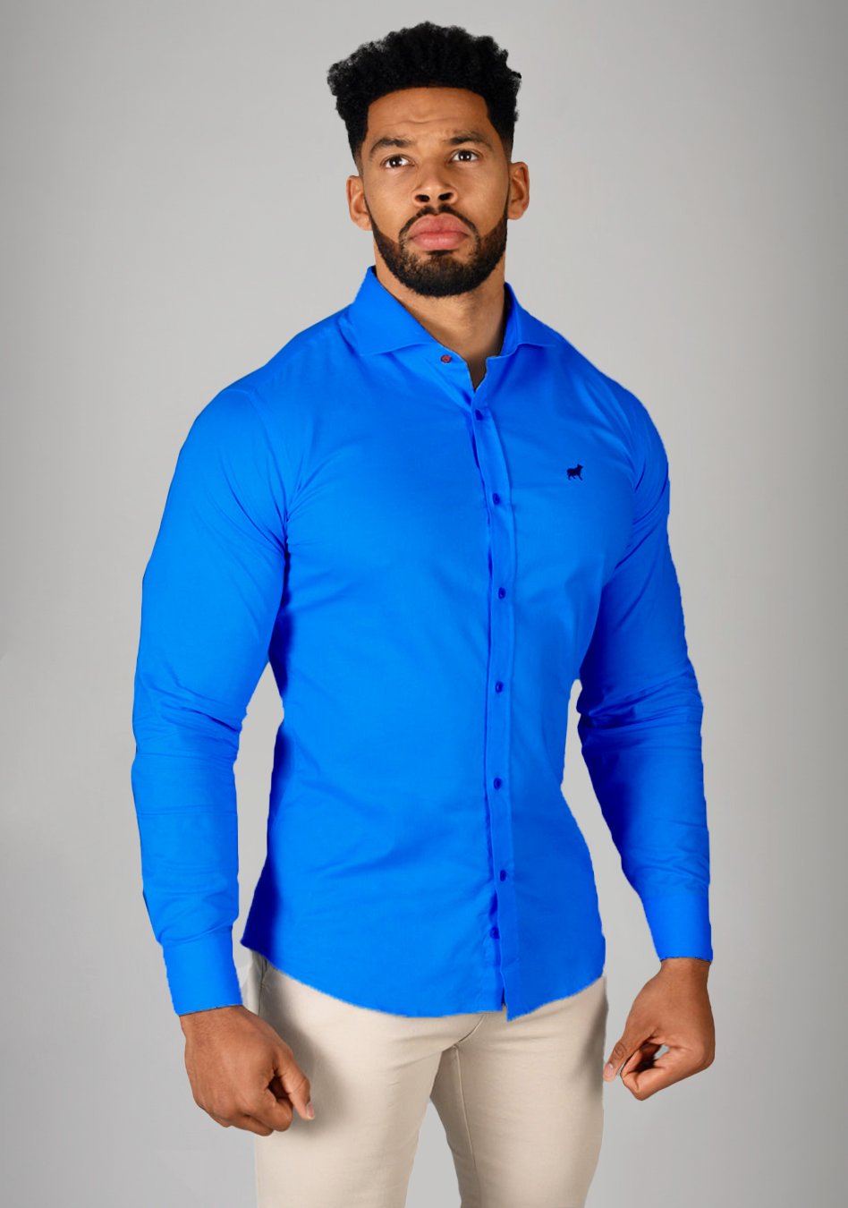 Electric Blue muscle fit shirt on an athletically built model, showcasing the athletic fit design that enhances physique, with stretch fabric for comfort and mobility