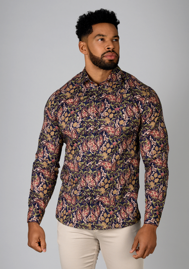 Black Floral muscle fit shirt on an athletically built model, showcasing the athletic fit design that enhances physique, with stretch fabric for comfort and mobility