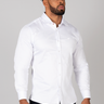 White muscle fit shirt on an athletically built model, showcasing the athletic fit design that enhances physique, with stretch fabric for comfort and mobility