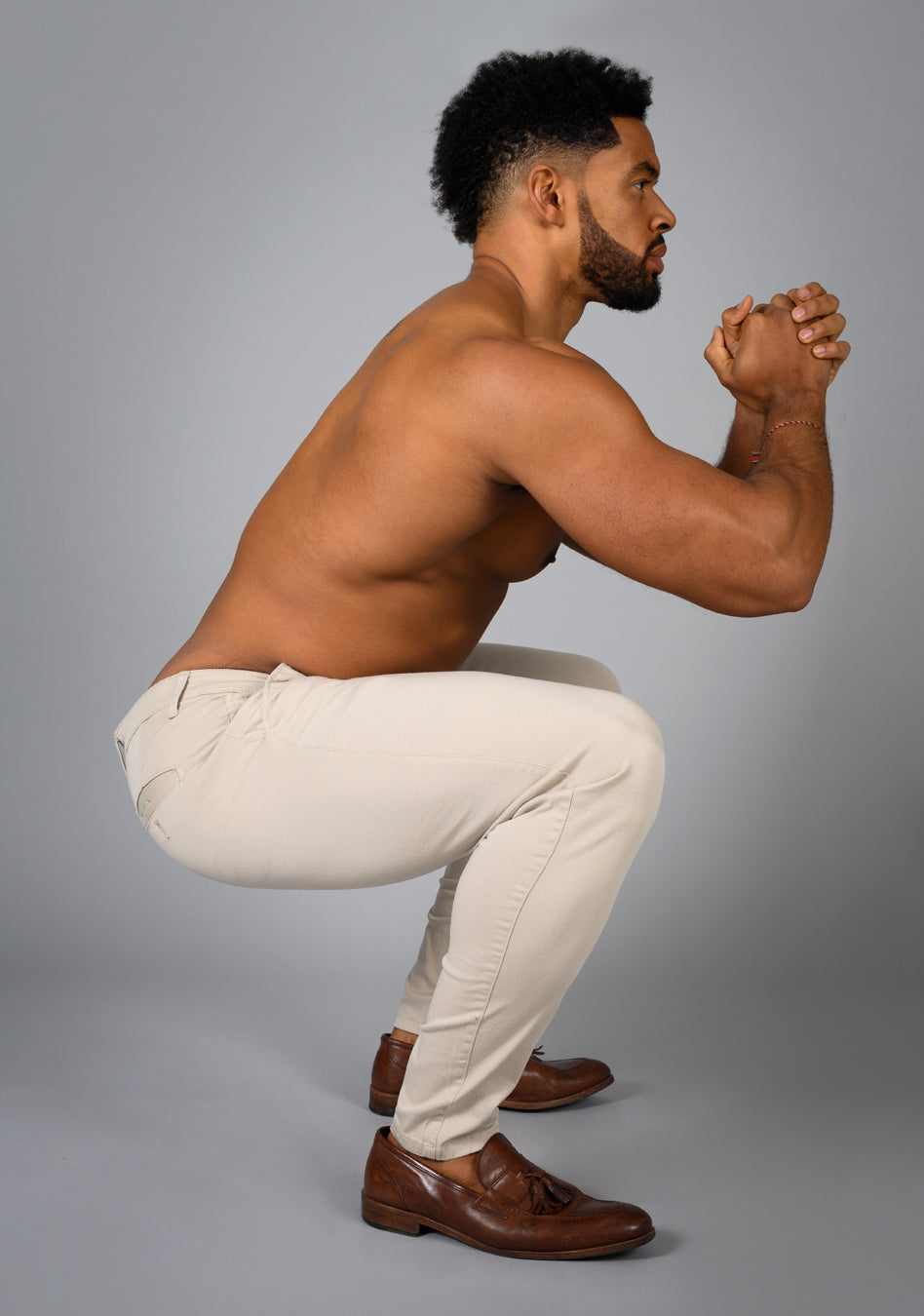 Squat proof Beige Athletic fit chinos offering a perfect blend of comfort and style for well-built physiques, with a contoured waist and muscle fit design for an on-trend appearance.