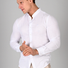 White linen muscle fit shirt on an athletically built model, showcasing the athletic fit design that enhances physique, with stretch fabric for comfort and mobility