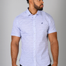Floral short sleeve muscle fit shirt on an athletically built model, showcasing the athletic fit design that enhances physique, with stretch fabric for comfort and mobility