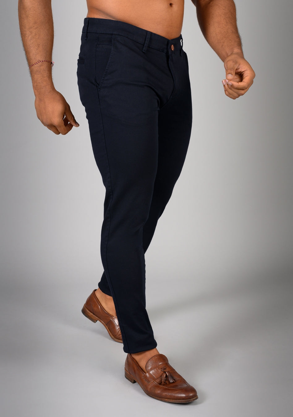Oxcloth Dark Blue Athletic fit chinos offering a perfect blend of comfort and style for well-built physiques, with a contoured waist and muscle fit design for an on-trend appearance.