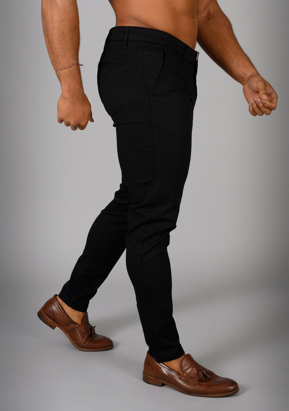 Oxcloth Black Athletic fit chinos offering a perfect blend of comfort and style for well-built physiques, with a contoured waist and muscle fit design for an on-trend appearance.