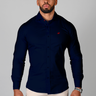 Navy muscle fit shirt on an athletically built model, showcasing the athletic fit design that enhances physique, with stretch fabric for comfort and mobility