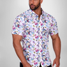 White Floral short sleeve muscle fit shirt on an athletically built model, showcasing the athletic fit design that enhances physique, with stretch fabric for comfort and mobility