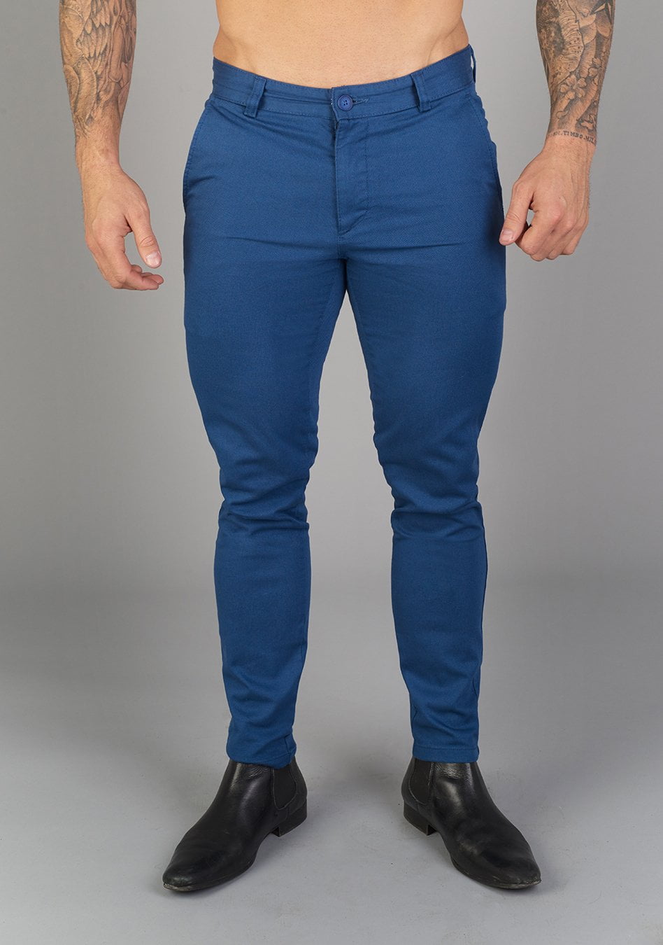 Oxcloth Mid Blue Muscle fit chinos offering a perfect blend of comfort and style for well-built physiques, with a contoured waist and athletic fit design for an on-trend appearance.