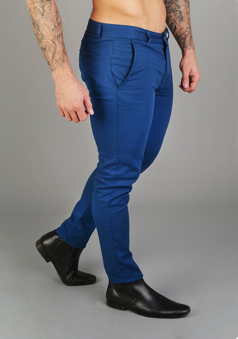 Oxcloth Mid Blue Athletic fit chinos offering a perfect blend of comfort and style for well-built physiques, with a contoured waist and muscle fit design for an on-trend appearance.