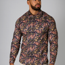 Black Floral muscle fit shirt on an athletically built model, showcasing the athletic fit design that enhances physique, with stretch fabric for comfort and mobility
